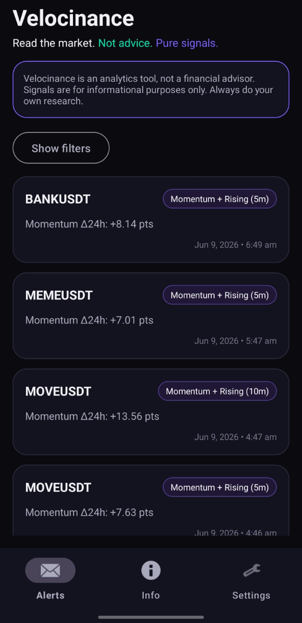 Velocinance mobile app screenshot